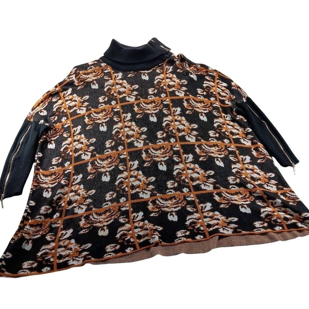 Joseph A. Sweater Tunic Womens Small Black Floral Turtleneck‎ Zip Sleeve Knit